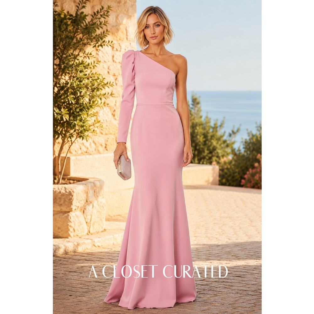 Mac Duggal One Shoulder Long Sleeve Dress 4 Pink NWT Style 70149